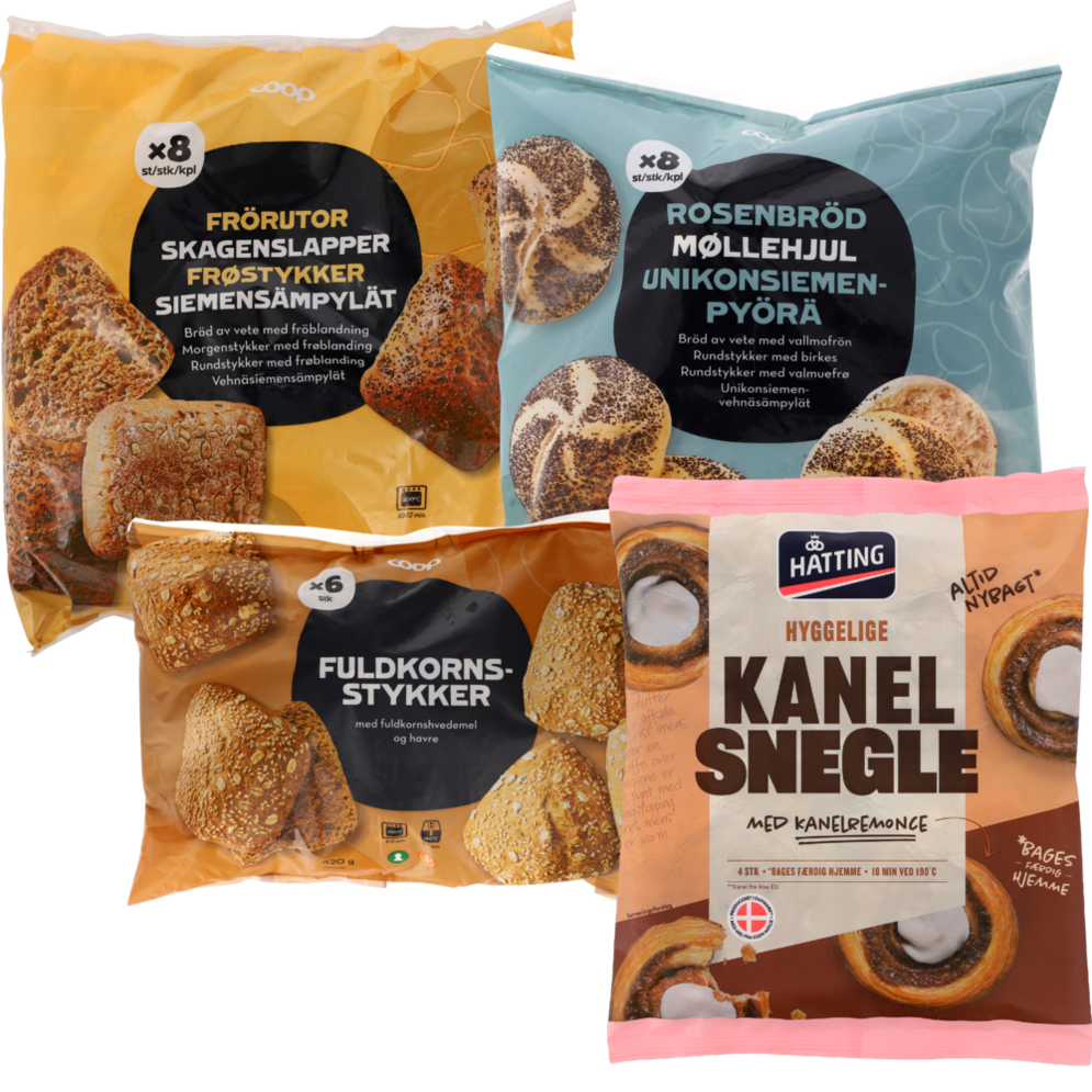 Coop skagenslapper, møllehjul, fuldkornsstykker eller Hatting kanelsnegle