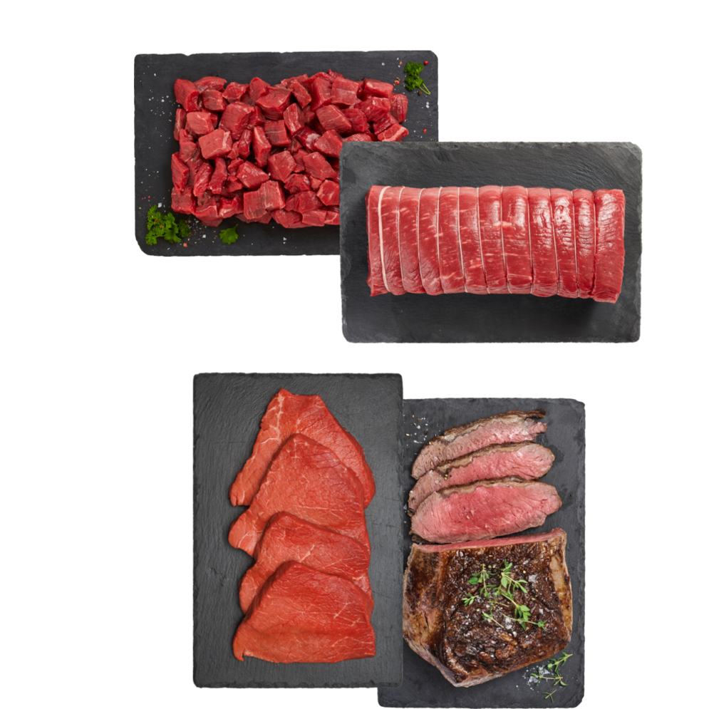 Premium roastbeef, tyndstegsfilet, steak eller oksekød i tern