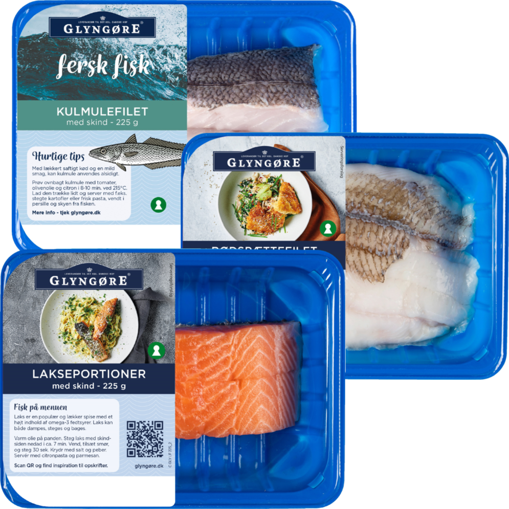 Glyngøre lakseportioner, rødspætte- eller kulmulefilet