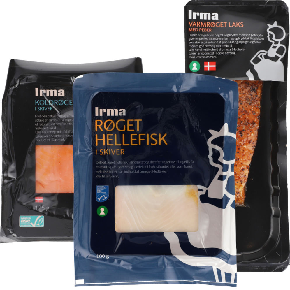 Irma varmrøget eller røget laks eller hellefisk
