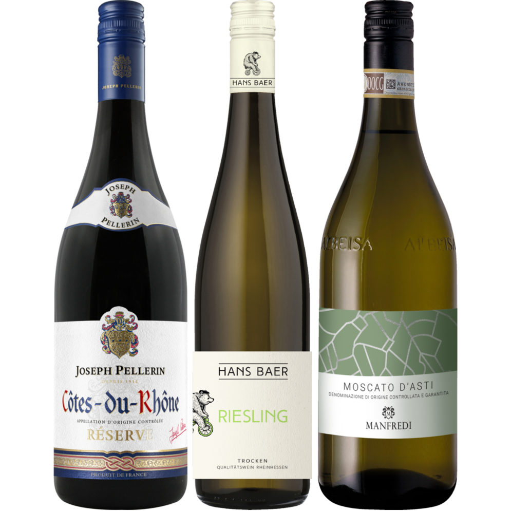 Joseph Pellerin Côtes-du-Rhône, Hans Baer Riesling eller Manfredi Moscato