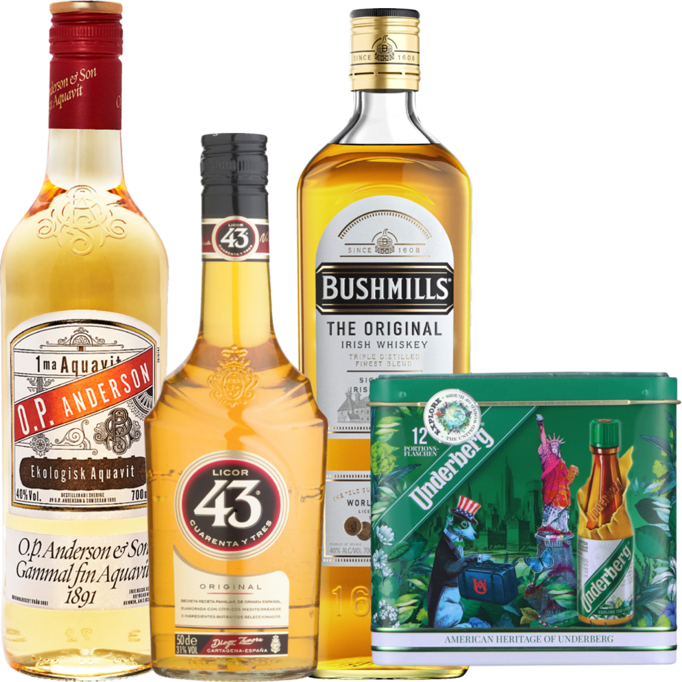 O.P. Anderson Aquavit, Bushmills Original Whiskey, Licor 43 eller Underberg