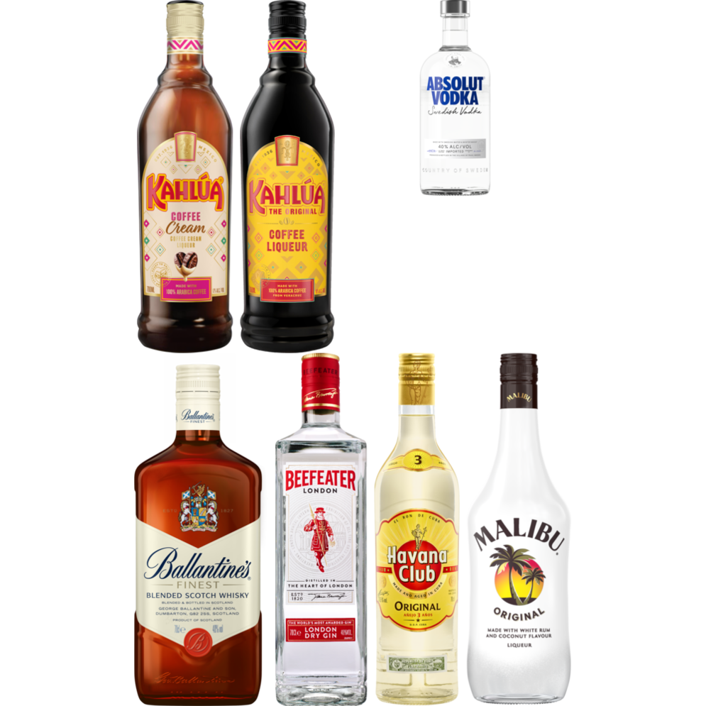 Kahlua, Absolut Vodka, Ballantine's, Beefeater Gin, Havana Club eller Malibu