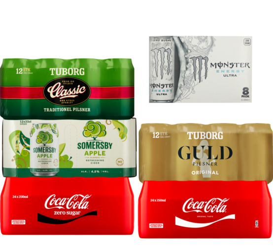 Sælges i hele forpakninger. Flere varianter. 8 x 50 cl./12 x 33 cl./24 x 25 cl. Literpris maks. 19,95 + pant. Frit valg.