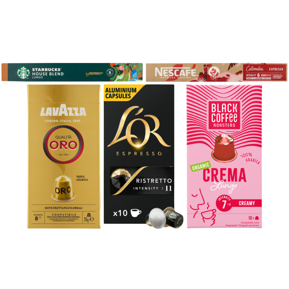 Starbucks, Nescafé, L'OR, Black Coffee Roasters eller Lavazza kaffekapsler