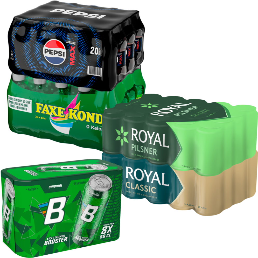 Royal Classic eller Pilsner, Faxe Kondi Booster, Pepsi Max eller Faxe Kondi